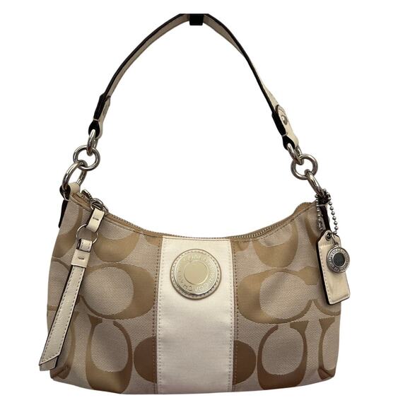 Coach Vintage Y2K Tan White Signature Jacquard Canvas Leather Stripe Demi Purse - Picture 1 of 10